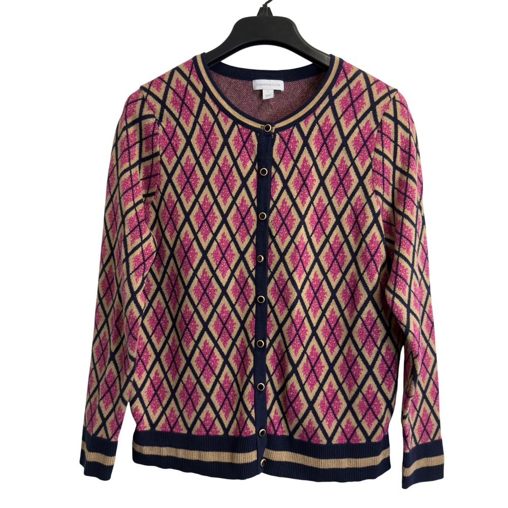 Charter Club Womens Pink Navy Gold Metallic Argyle Cardigan Sweater Large